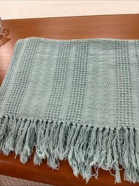 Soft Waffle-Textured Throw Blanket with Fringe - Sage Green